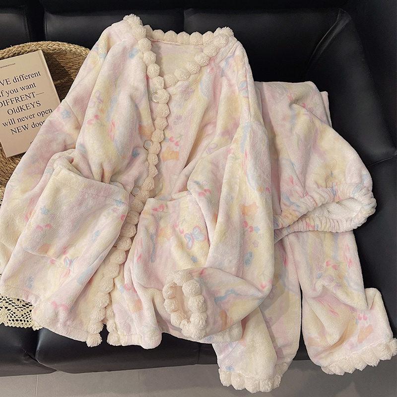 珊瑚绒睡衣加绒女春秋冬季加厚保暖气质蝴蝶家居服公主风套装