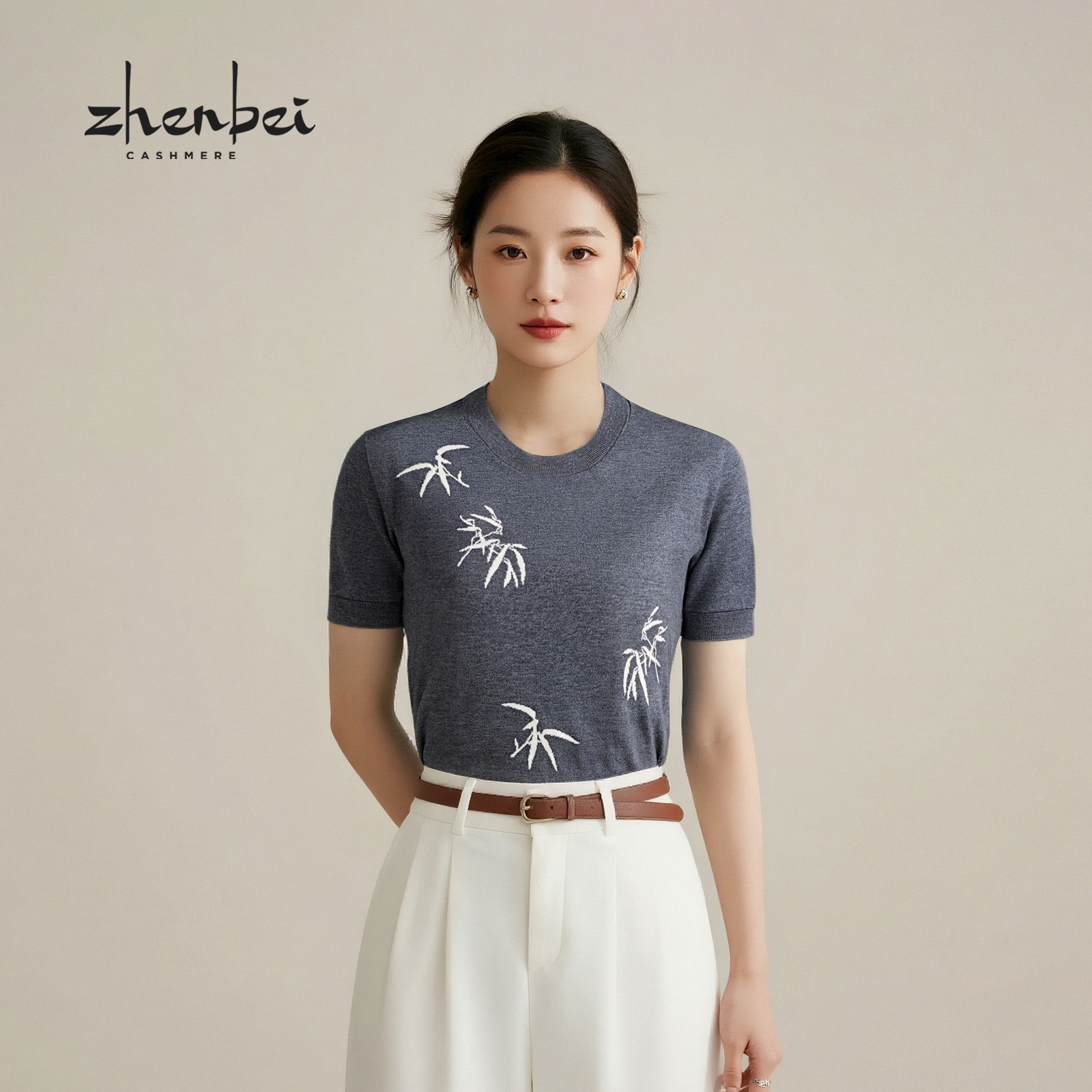 ZB/珍贝秋冬新款圆领深灰丝绒秀逸竹花针织打底五分袖女衫/66998