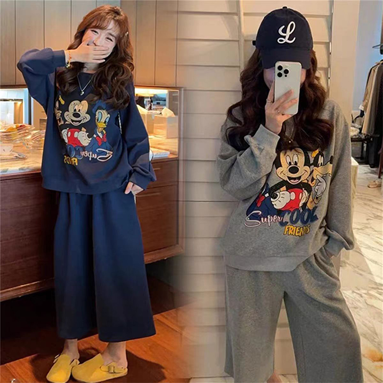 纯棉韩系时尚卡通米奇印花慵懒风街头秋季新款洋气减龄宽松两件套