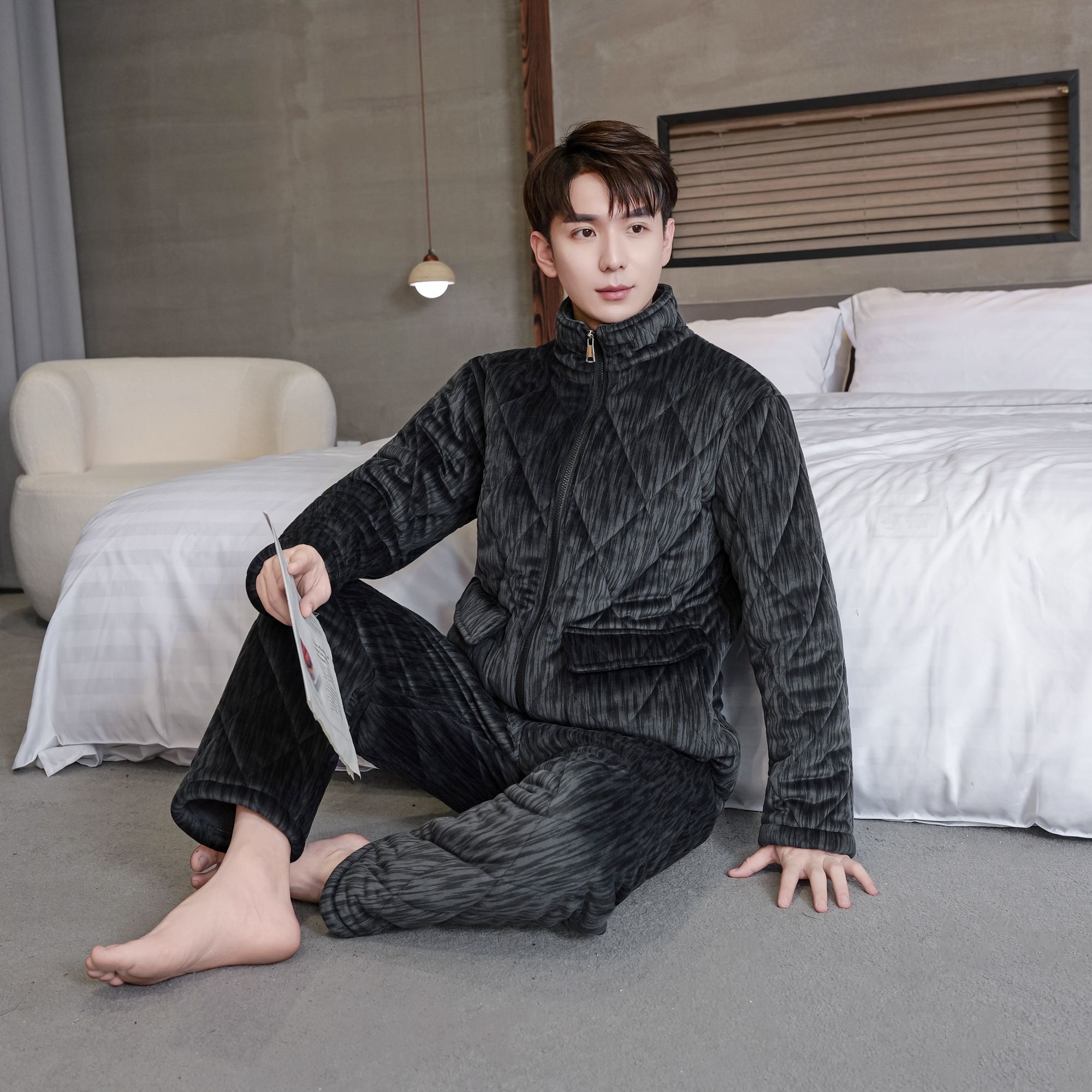 V/雅鹿男款秋冬季加绒加厚冰岛绒三层夹棉冰岛绒保暖家居服套装