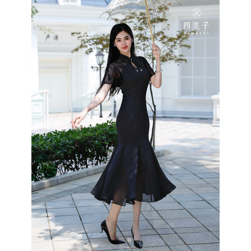 四美子【星曳澜】新中式气质提花缎面蕾丝拼接黑色鱼尾旗袍裙连衣裙