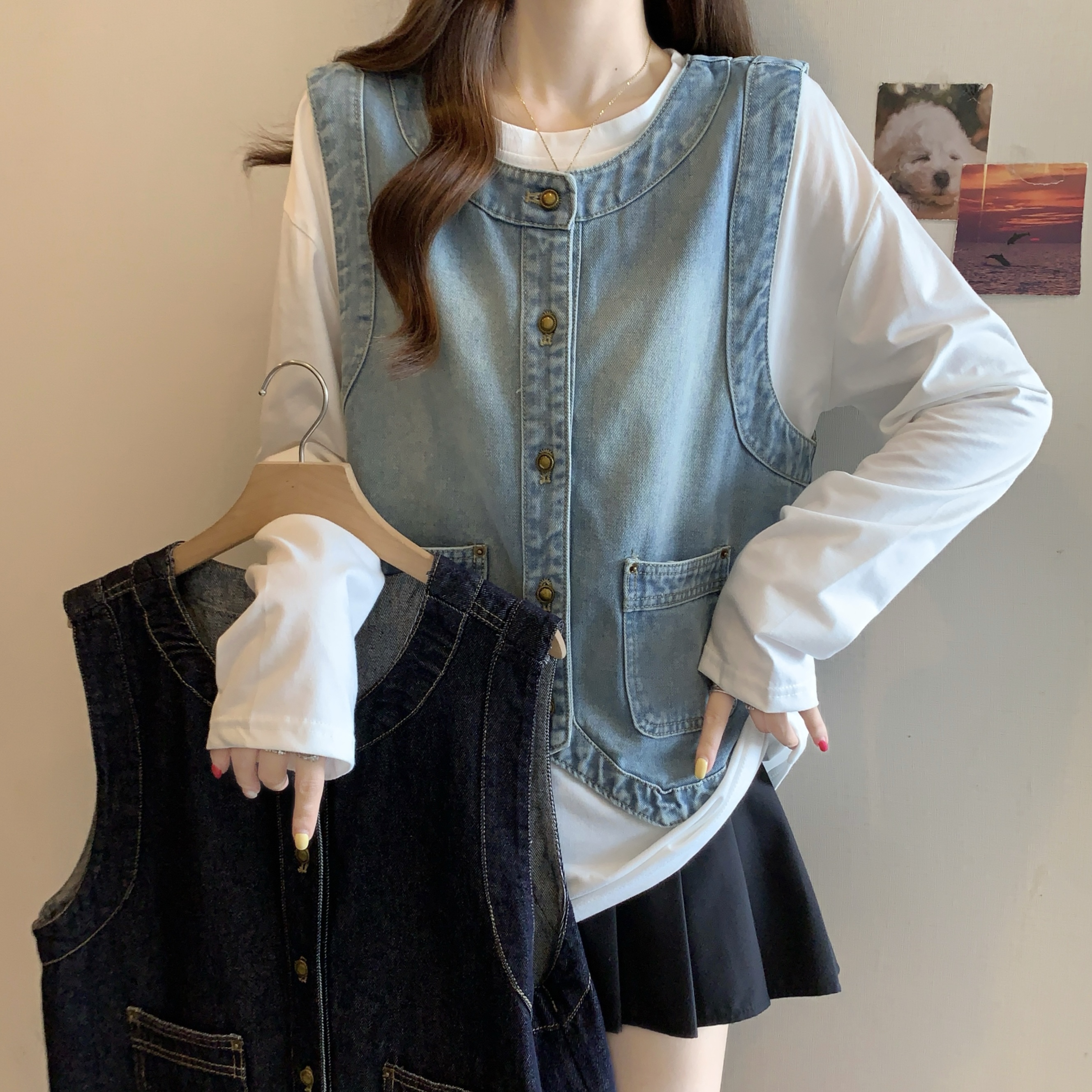 大码女装秋季新款2025港风小个子复古牛仔马甲胖妹妹百搭无袖外套