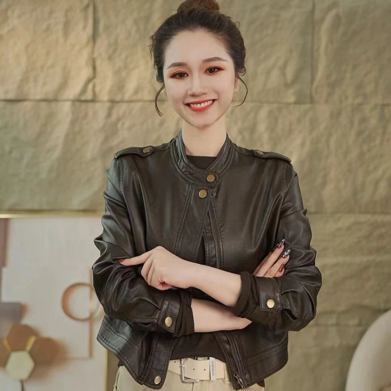 元族2025年复古潮流立领皮衣外套机车夹克外套时尚短款5808