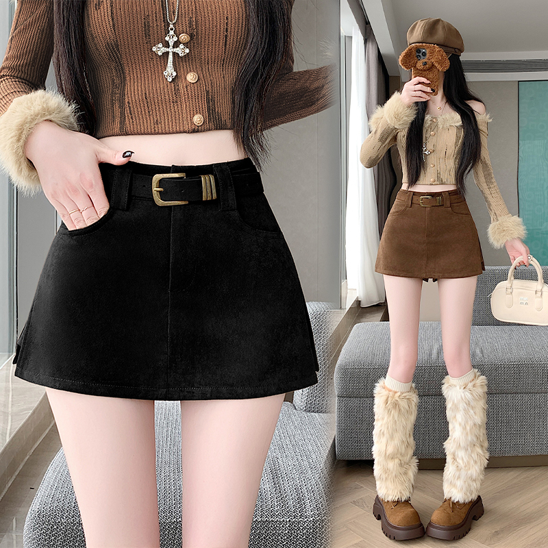 秋冬大码显瘦高腰百搭时尚韩版A字半身裙 女士咖色黑色宽松高腰梭