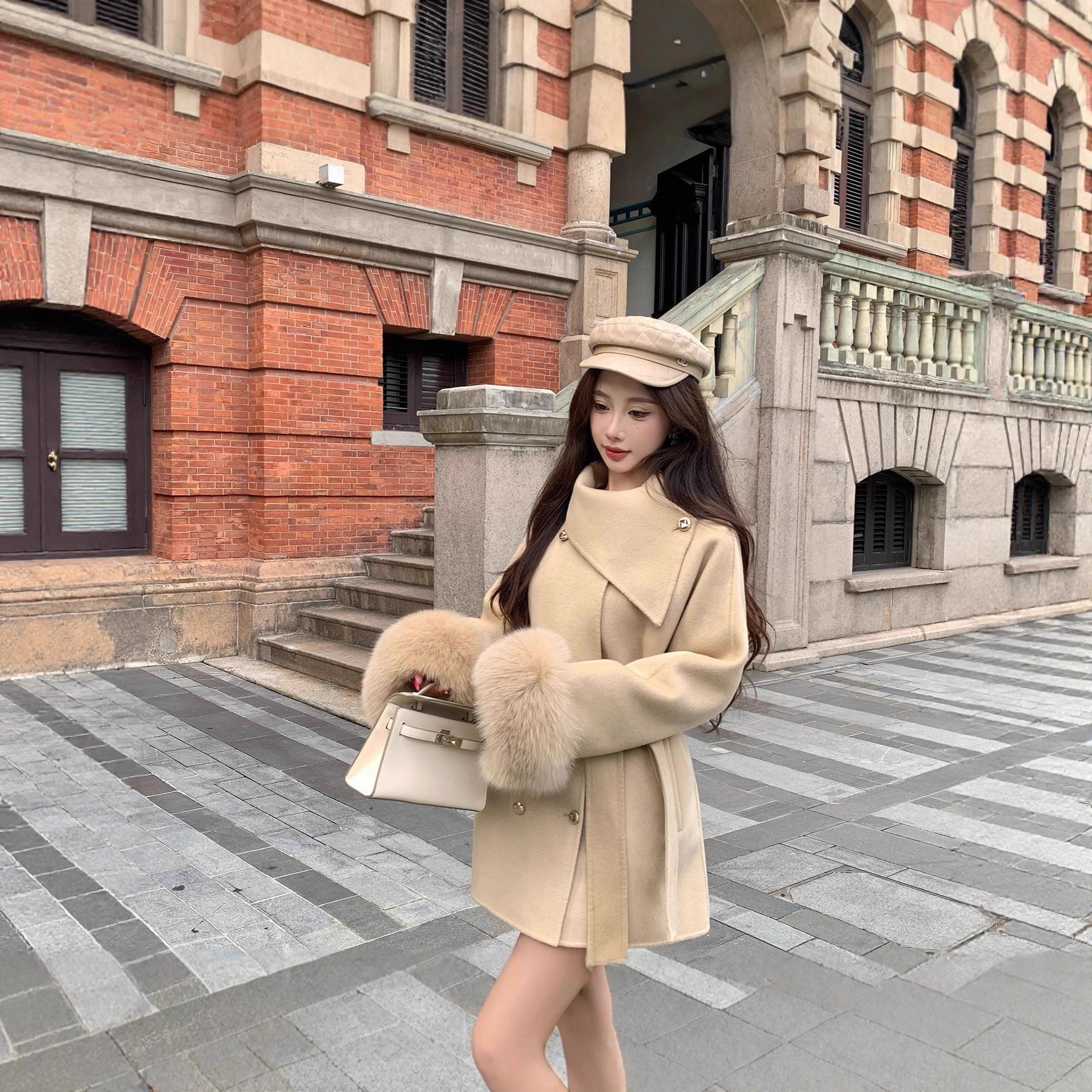 赫本序章秋冬新款狐狸毛双面羊绒大衣女韩系千金风羊毛呢外套