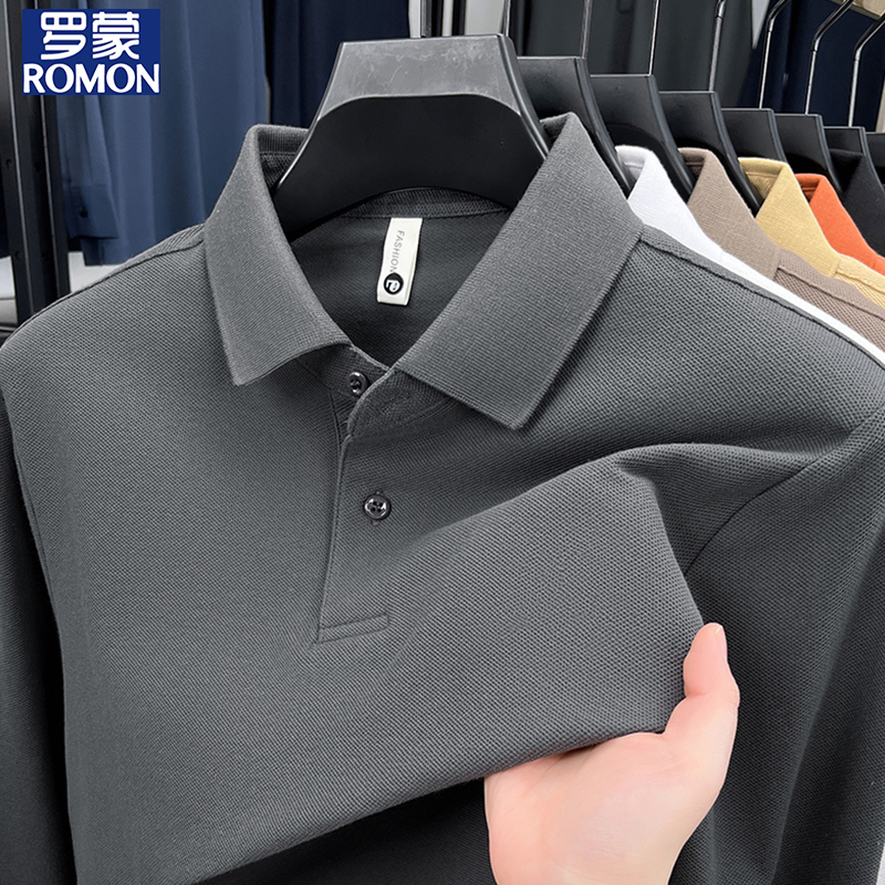 罗蒙100%纯棉翻领POLO衫男士2025春季纯色商务休闲长袖T恤打底衫