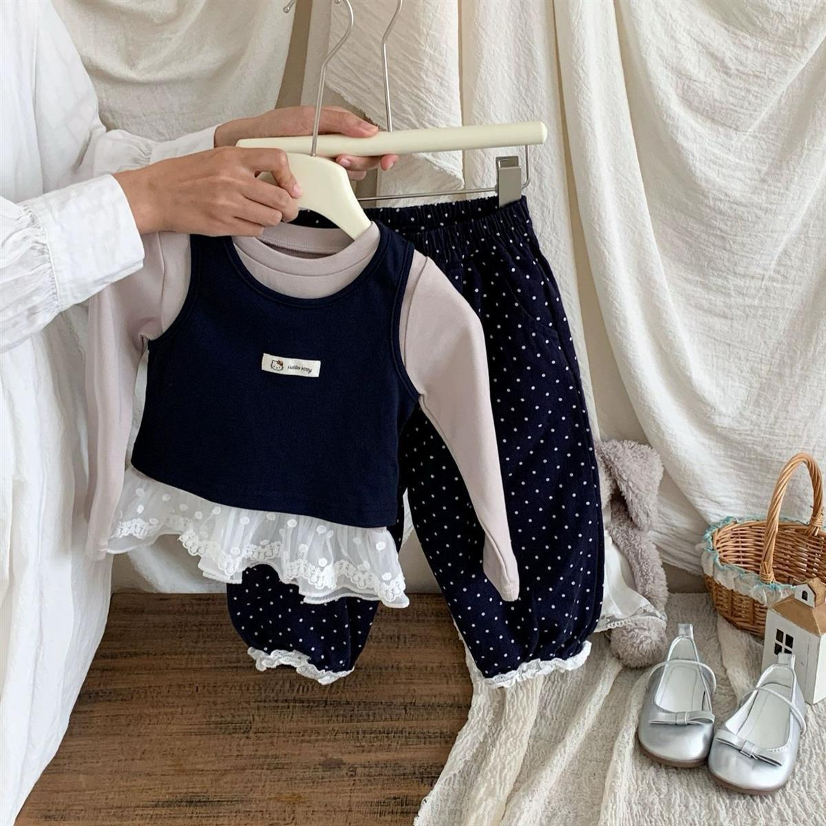 女童春秋韩版套装儿童长袖打底衫宽松时髦波点裤洋气休闲三件套潮