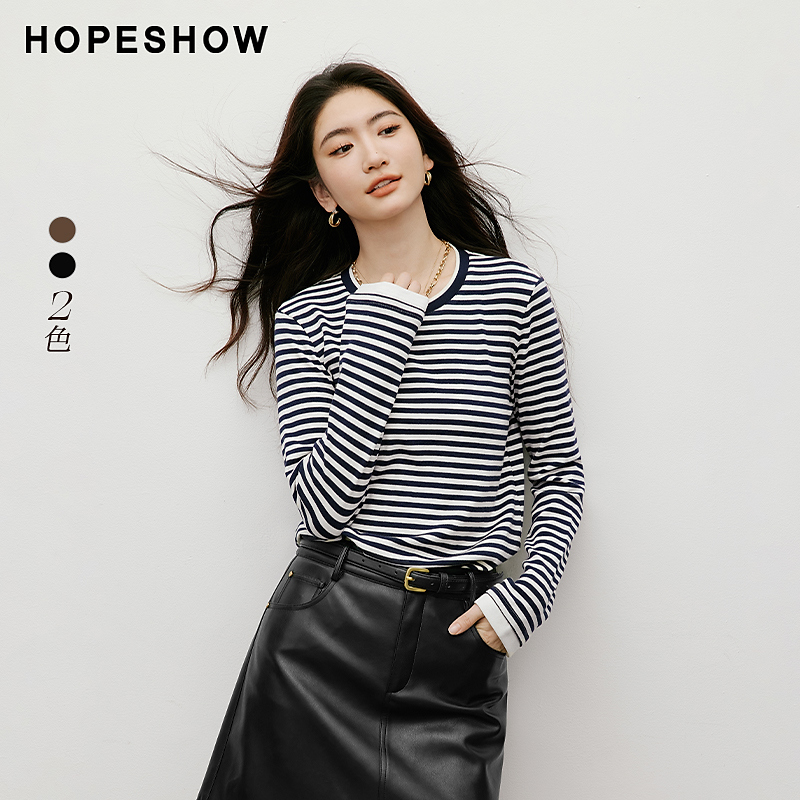 红袖2025秋新款女装 拼接撞色条纹正肩长袖圆领短上衣90125280202