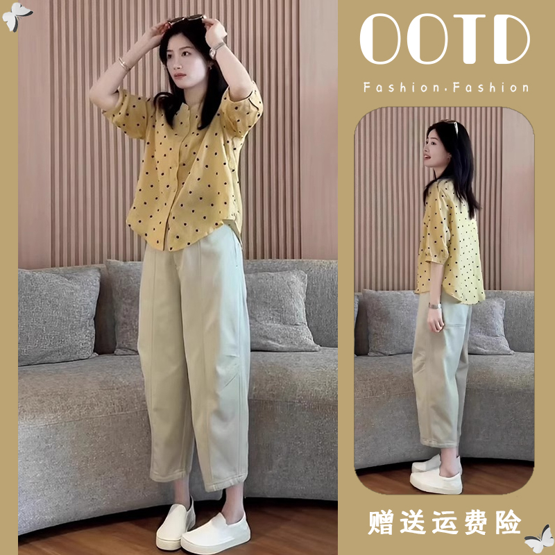 2025超火夏装一整套减龄套装小众设计感波点衬衫直筒休闲裤两件套