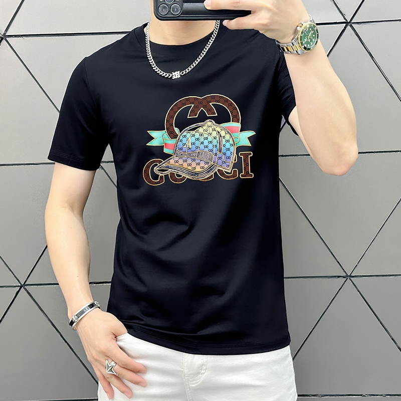 男士夏季丝光棉条凉感冰丝黑色时尚短袖T恤圆领欧货潮牌修身潮流T