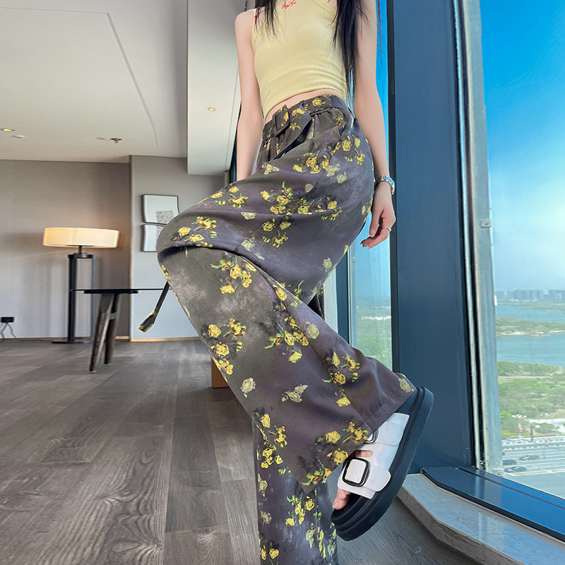 印花阔腿裤女夏季2025新款薄款宽松休闲高腰显瘦垂感拖地裤沙滩裤