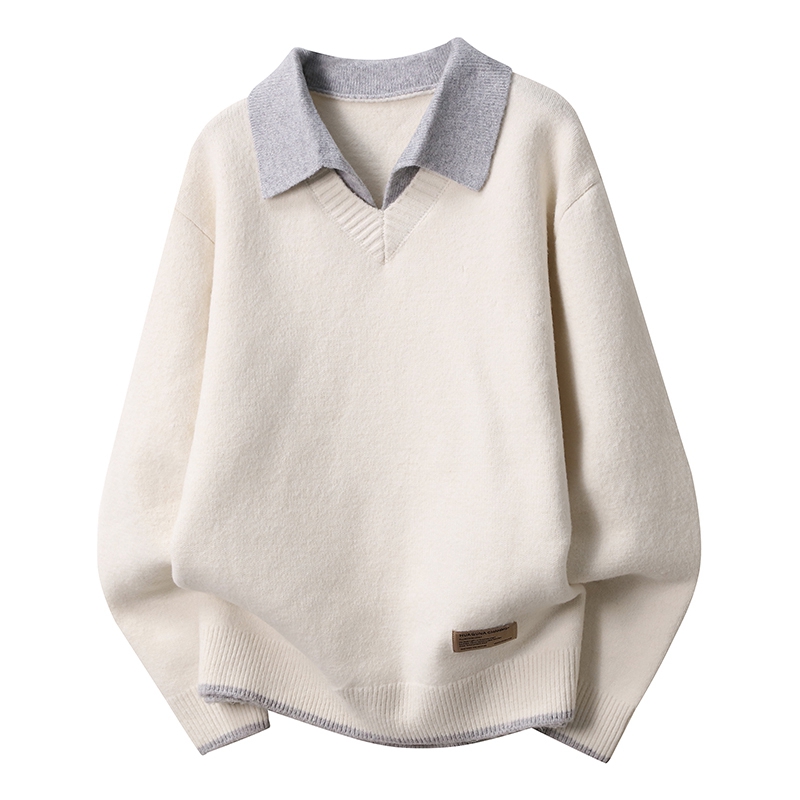 秋冬季假两件毛衣男针织保暖百搭时尚美式翻领针织打底衫上衣男装