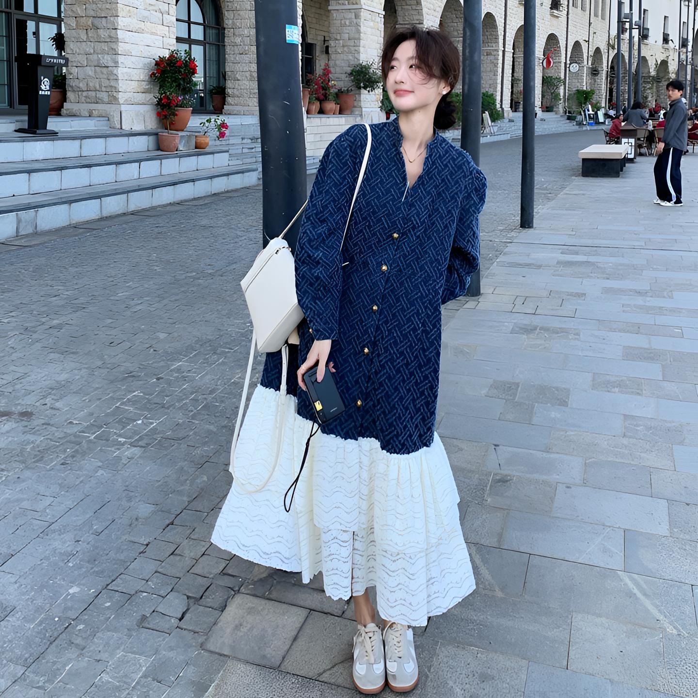 超好看蕾丝拼接提花牛仔连衣裙女春秋季2025新款宽松气质复古长裙