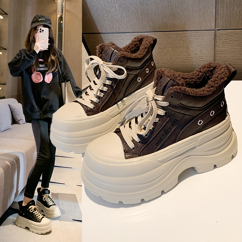 7cm增高厚底鞋女冬季加绒保暖高帮棉鞋2025新款小个子轻便松糕鞋