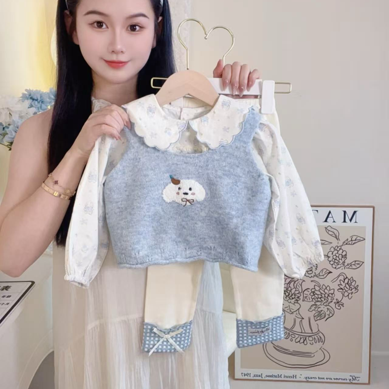 可爱女童拼接常规牛仔女秋季上衣蓝色休闲风套装春秋