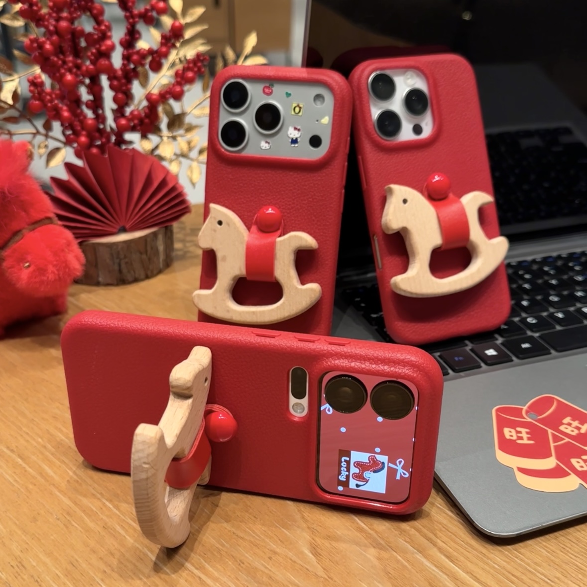 复古酒红木马支架适用苹果17新年手机壳华为P70软vivo小米15oppo