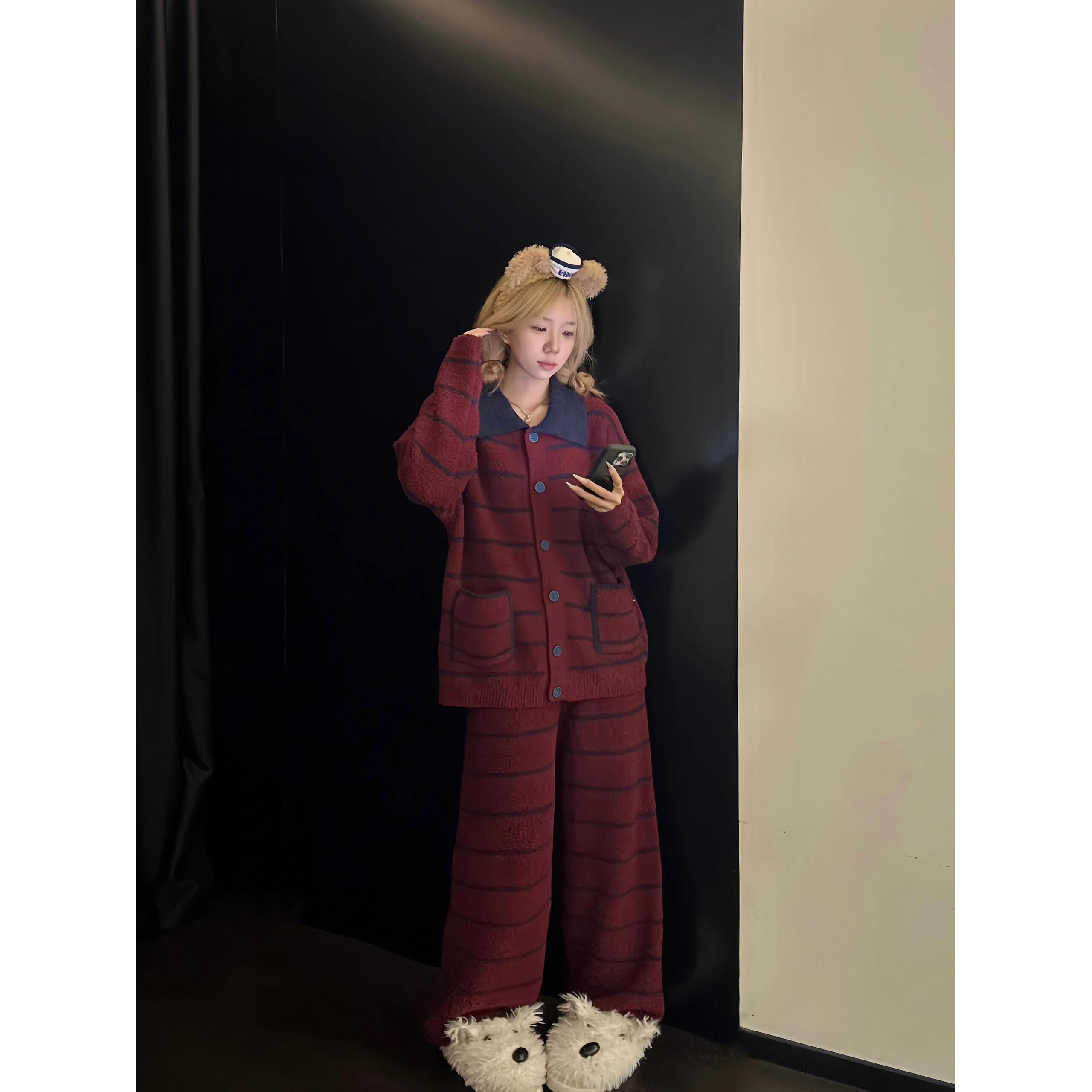 复古红条纹撞色针织半边绒保暖睡衣女冬季大码长袖长裤家居服套装