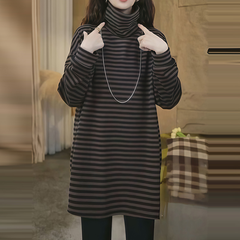 2992气质条纹打底衫女韩版休闲秋冬新款百搭宽松遮肉高领T恤