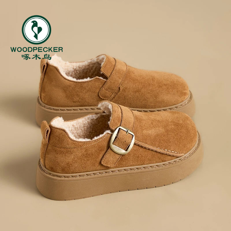 啄木鸟厚底加绒勃肯鞋女外穿2025新款秋冬百搭乐福鞋雪地靴棉鞋子