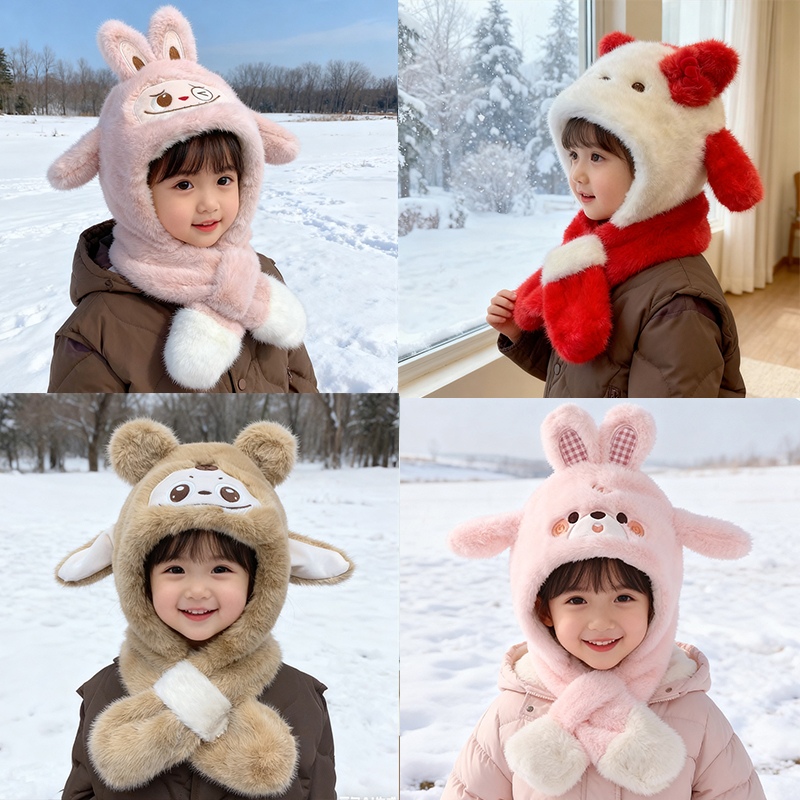 耳朵会动儿童帽子围巾一体冬季女童毛绒帽加厚男孩宝宝护耳连体帽