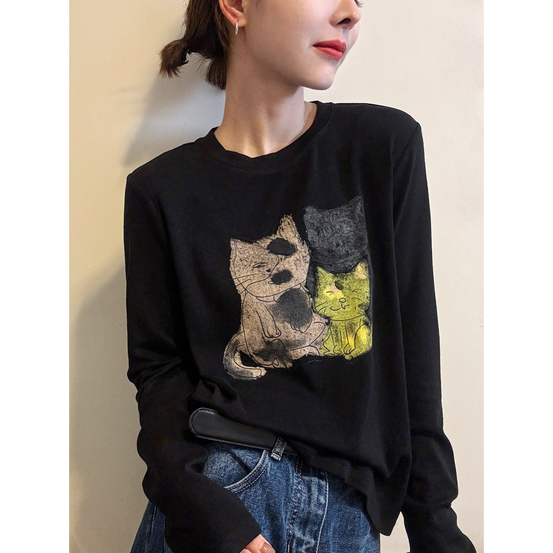 小猫印花面膜长袖T恤女欧洲站2025秋装新款欧货洋气宽松打底衫潮