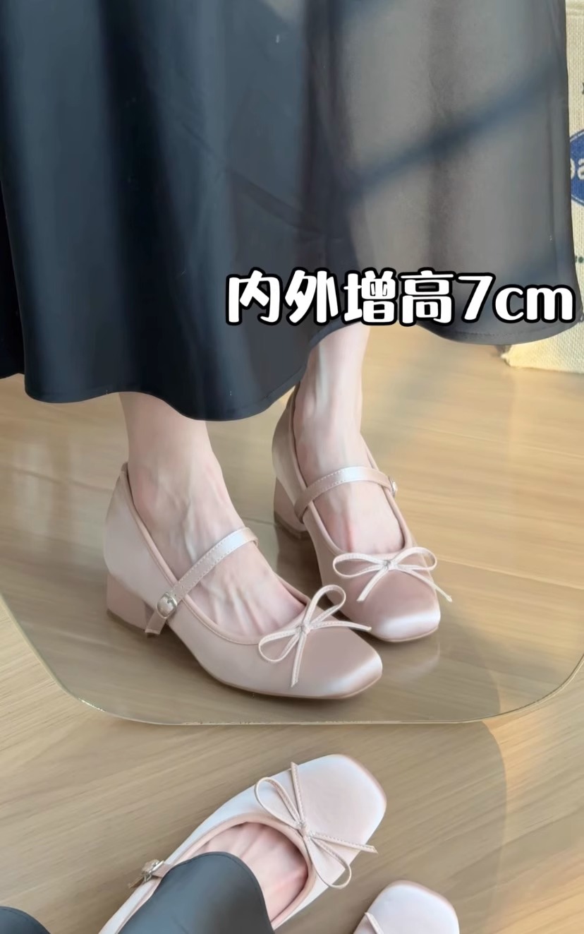 内增高7CM粉色缎面蝴蝶结高跟玛丽珍鞋女粗跟软底百搭芭蕾单鞋女
