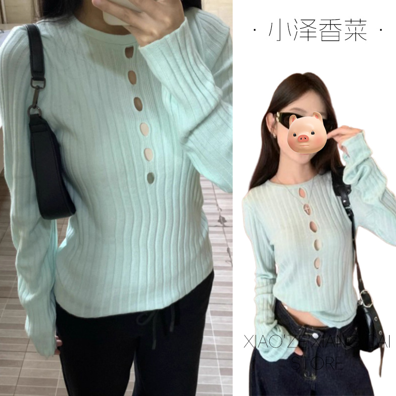 绿色镂空长袖针织打底衫女2025初早秋季新款修身显瘦辣妹内搭上衣