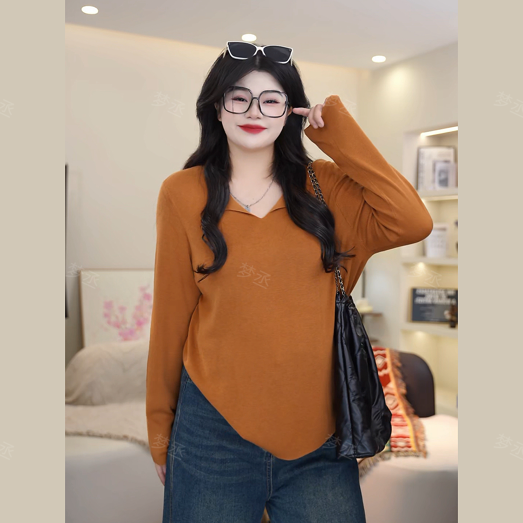 梦丞-纯色系大码女装冬季圆领半开胸翻边气质洋气长袖上衣女