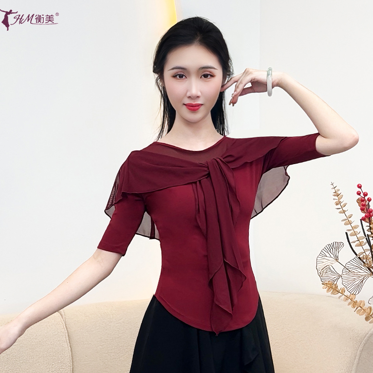 现代舞圆领修身披肩打底衫女款中袖夏季古典舞练功服成人训练服装