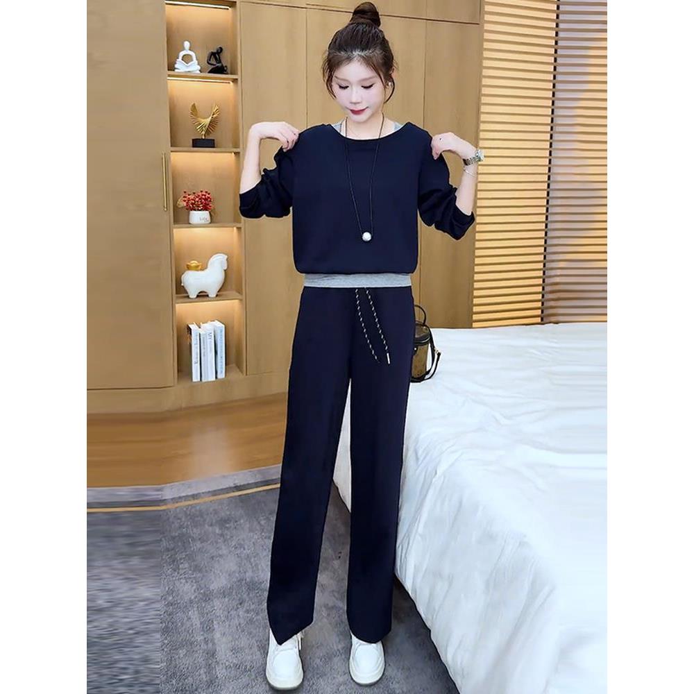 2025春秋季新款女士休闲时尚套装假两件洋气卫衣高腰直筒裤一整套