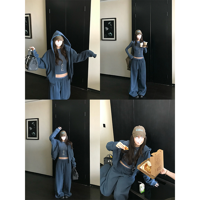 韩系气质高级感松弛感穿搭女早秋季连帽卫衣开衫外套休闲阔腿卫裤