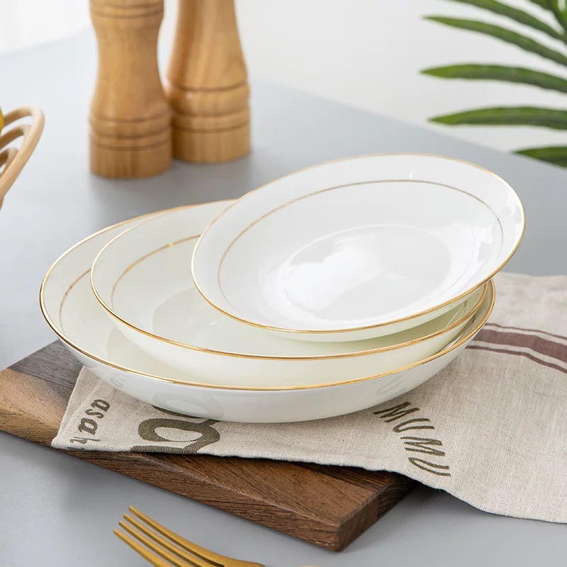 景德镇高温骨瓷7/8/10英寸【描金圆形深盘】经典简约家用深菜盘子