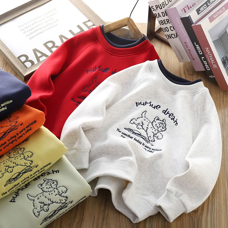 男童加绒卫衣卡通刺绣拼接男孩女孩保暖打底衫长袖上衣一体绒秋冬