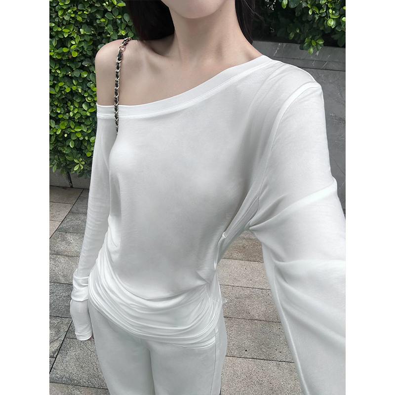 斜肩露肩上衣女性感一字肩收腰显瘦长袖T恤