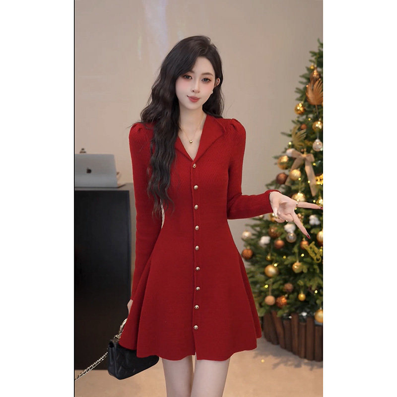 YUANLIANSU/圆脸酥【永生玫瑰】秋冬氛围感收腰排扣针织连衣裙女