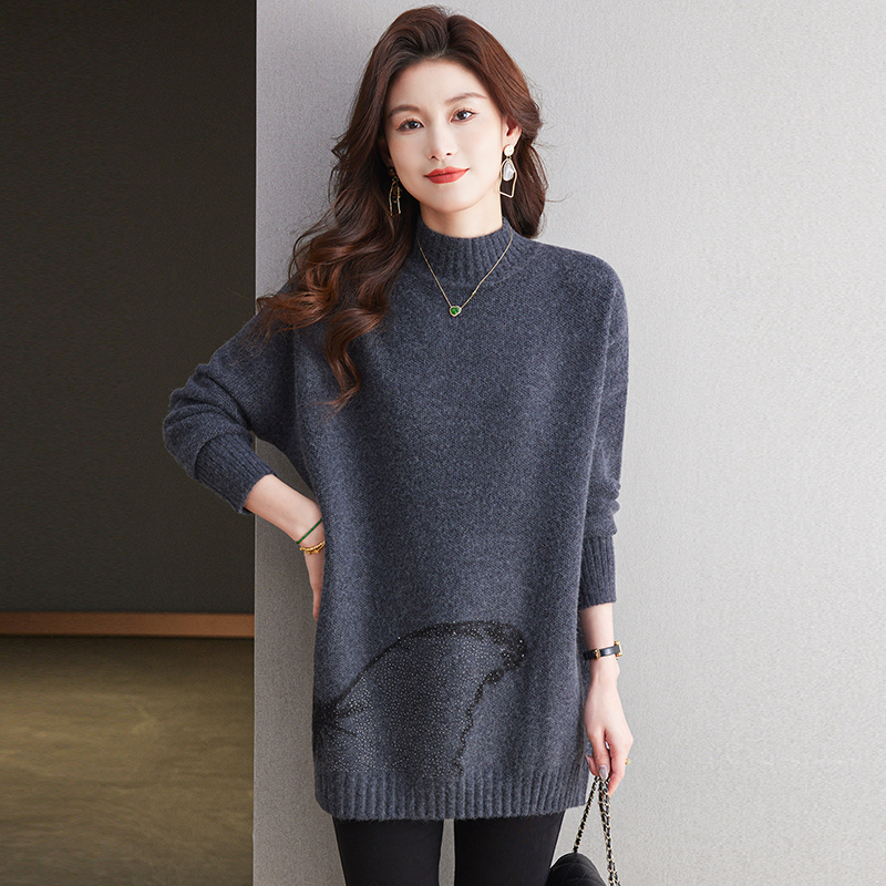 胖妈妈大码毛衣针织衫中长款羊毛半高领加厚加肥韩版宽松洋气上衣