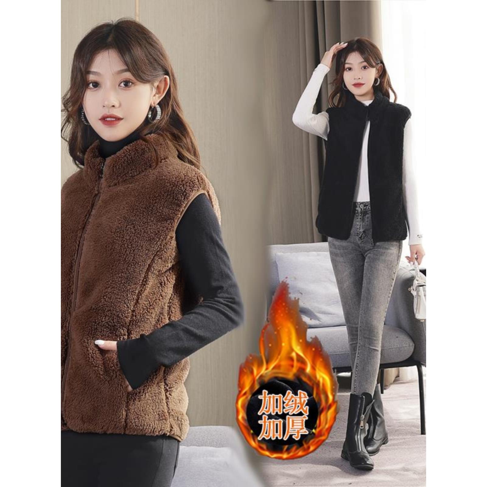 双面极绒女式秋冬短背心丝绒加厚背心立领中老年马甲拉炼背心