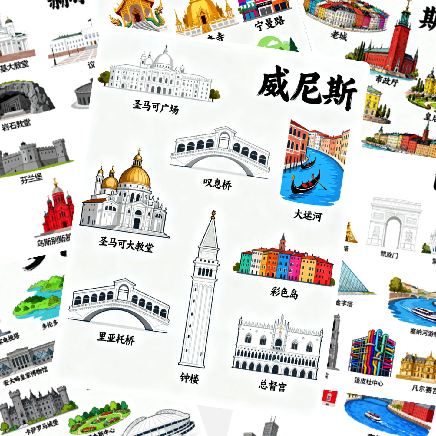 世界城市地标临摹卡儿童创意美术明信片马克笔卡通地理标志建筑图