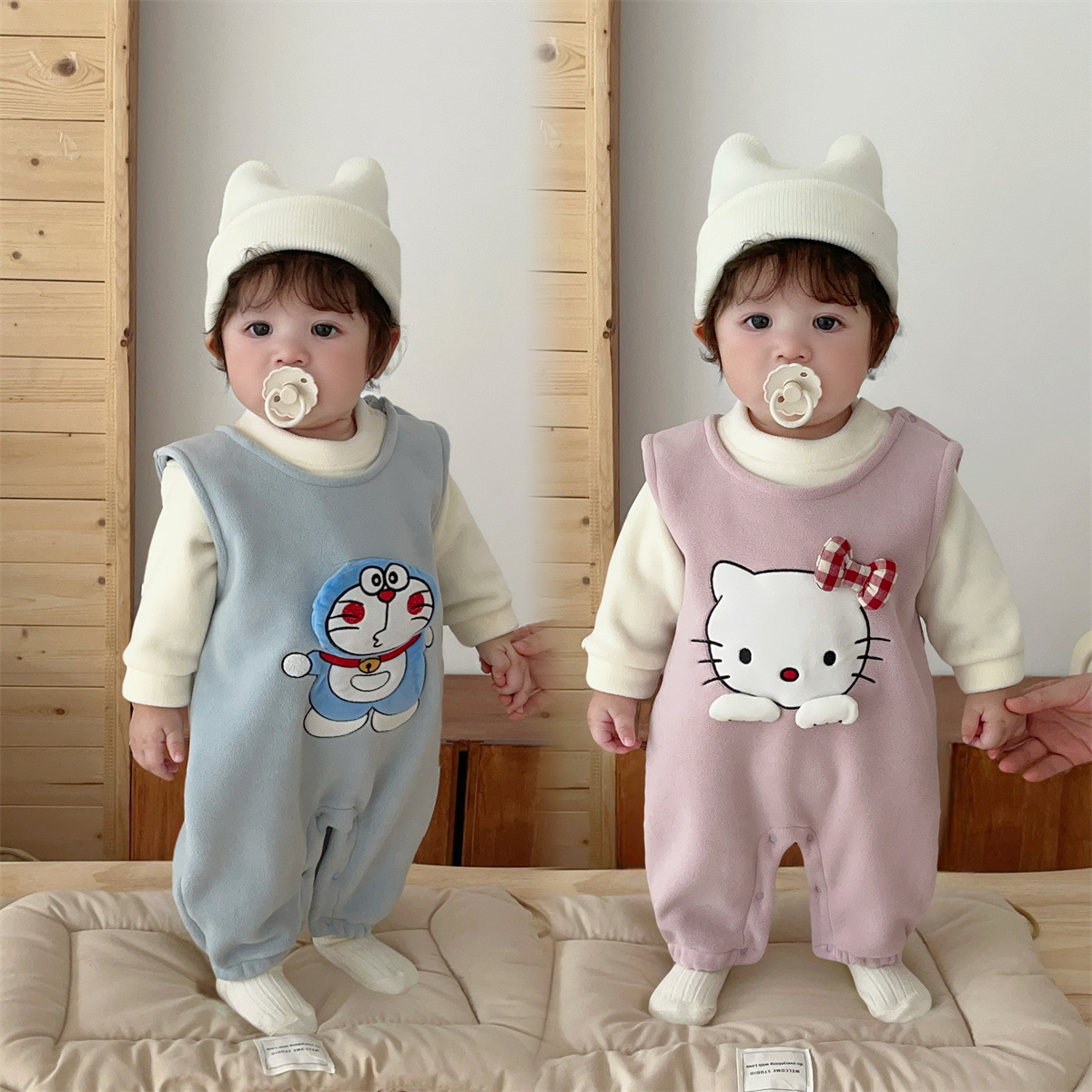 柏丽绒【上衣+背带裤】秋冬多啦KITTY新款婴儿保暖连体哈衣外出服