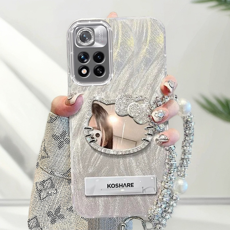 自带镜头膜红米Note11手机壳全包Redminote11软壳镶钻kt猫镜子羽