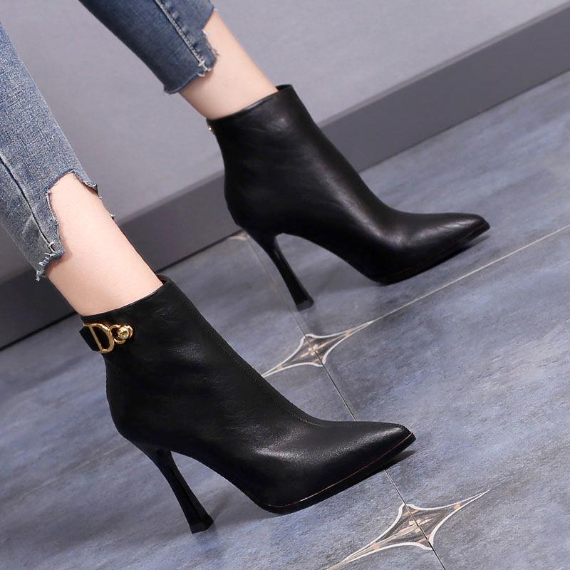 2025秋冬季新款尖头高跟短靴黑色短筒女靴洋气高跟鞋细跟气质皮靴