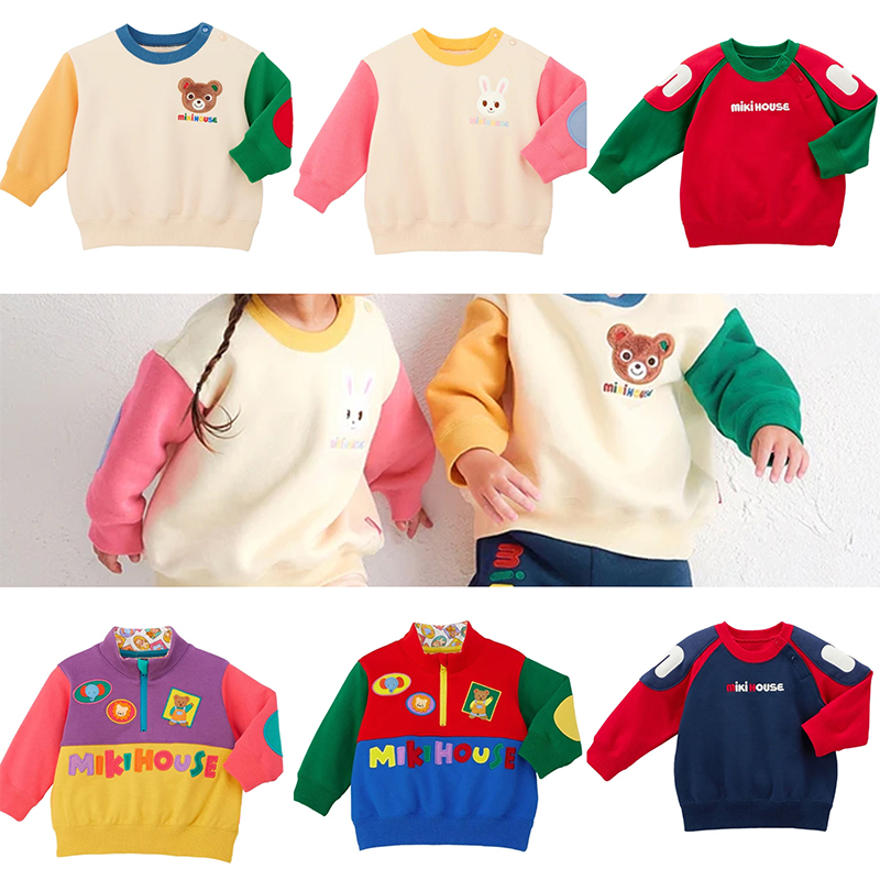 秋冬儿童加绒卫衣日系卡通可爱宝宝小熊字母刺绣拼接长袖卫衣