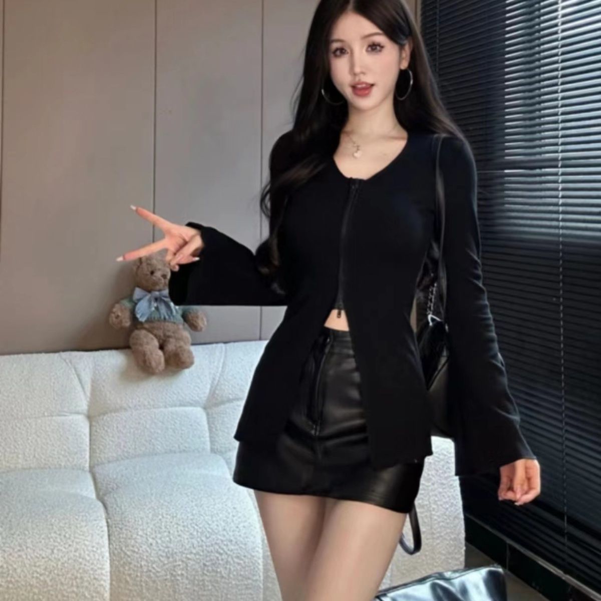 已出货 韩系秋季新款美式辣妹风修身显瘦喇叭袖长袖上衣