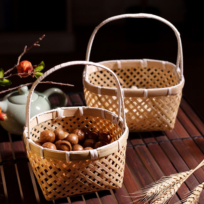 竹编小提篮圆形手提手工水果篮子编织小品包装竹篮礼采摘篮