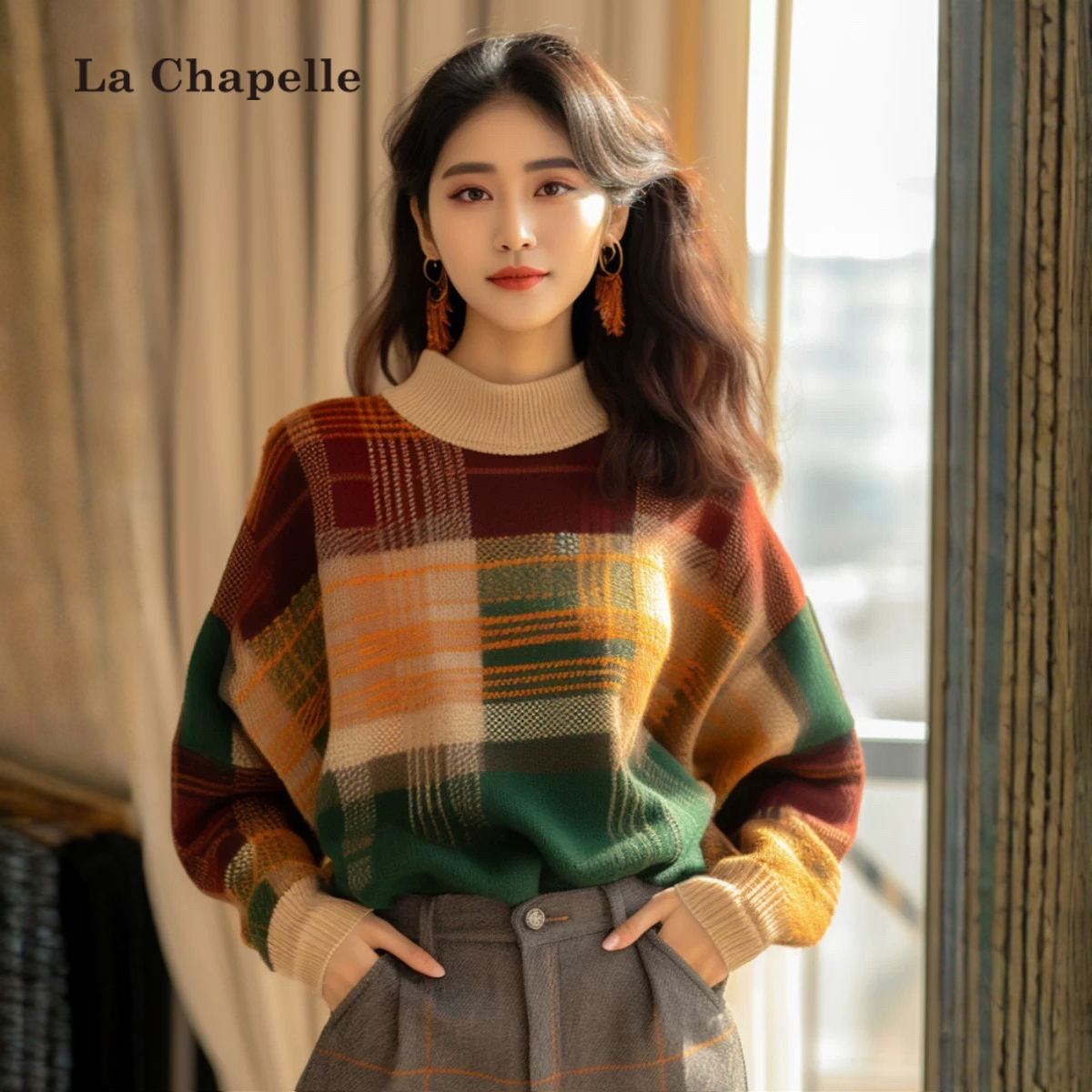 拉夏贝尔复古撞色格子半高领毛衣女秋冬新款重工慵懒宽松针织上衣