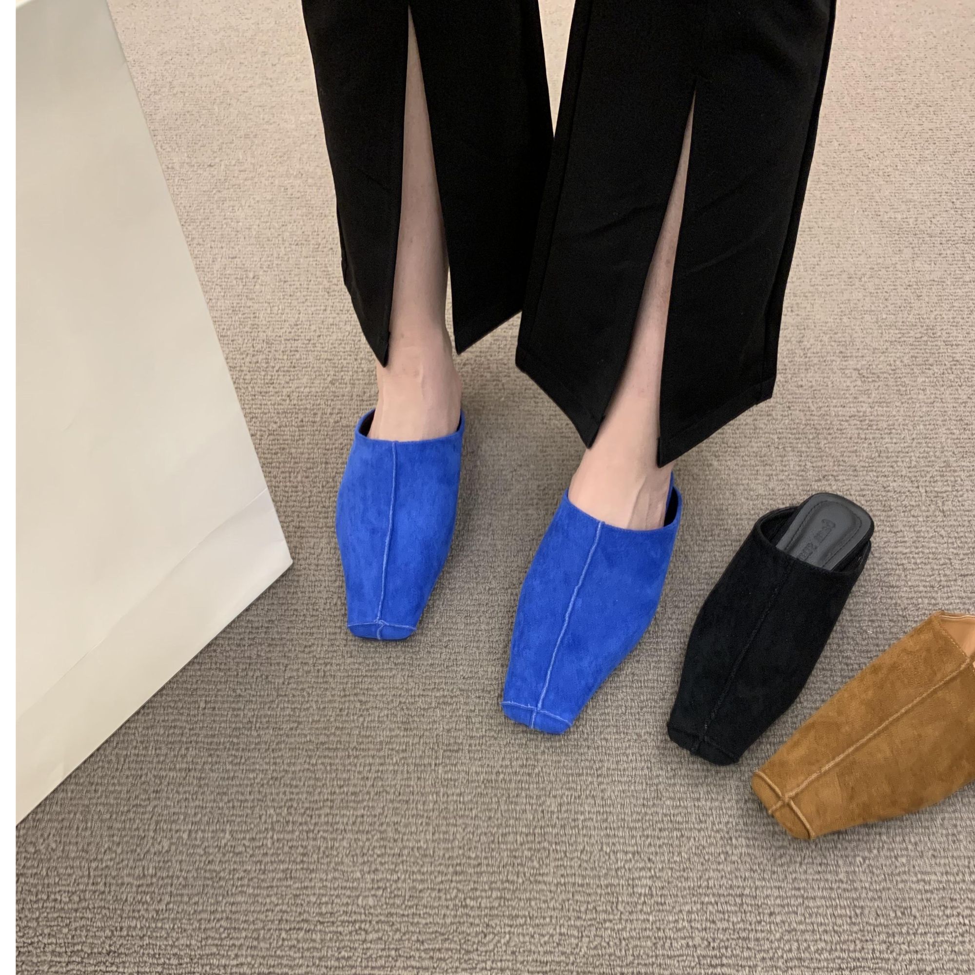 高级感蓝色方头深口绒面懒人穆勒鞋平底包头半拖鞋女外穿凉拖鞋潮