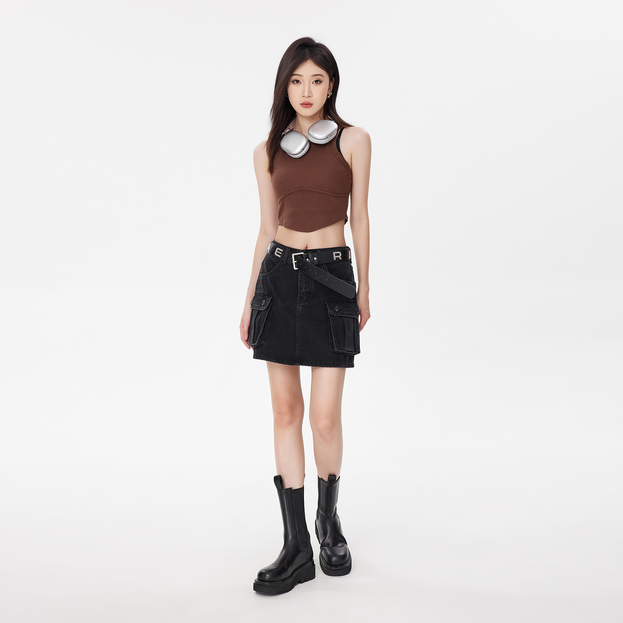 EDX半身裙黑色春夏春季2025新款高腰牛仔短裙工装辣妹Z77087X