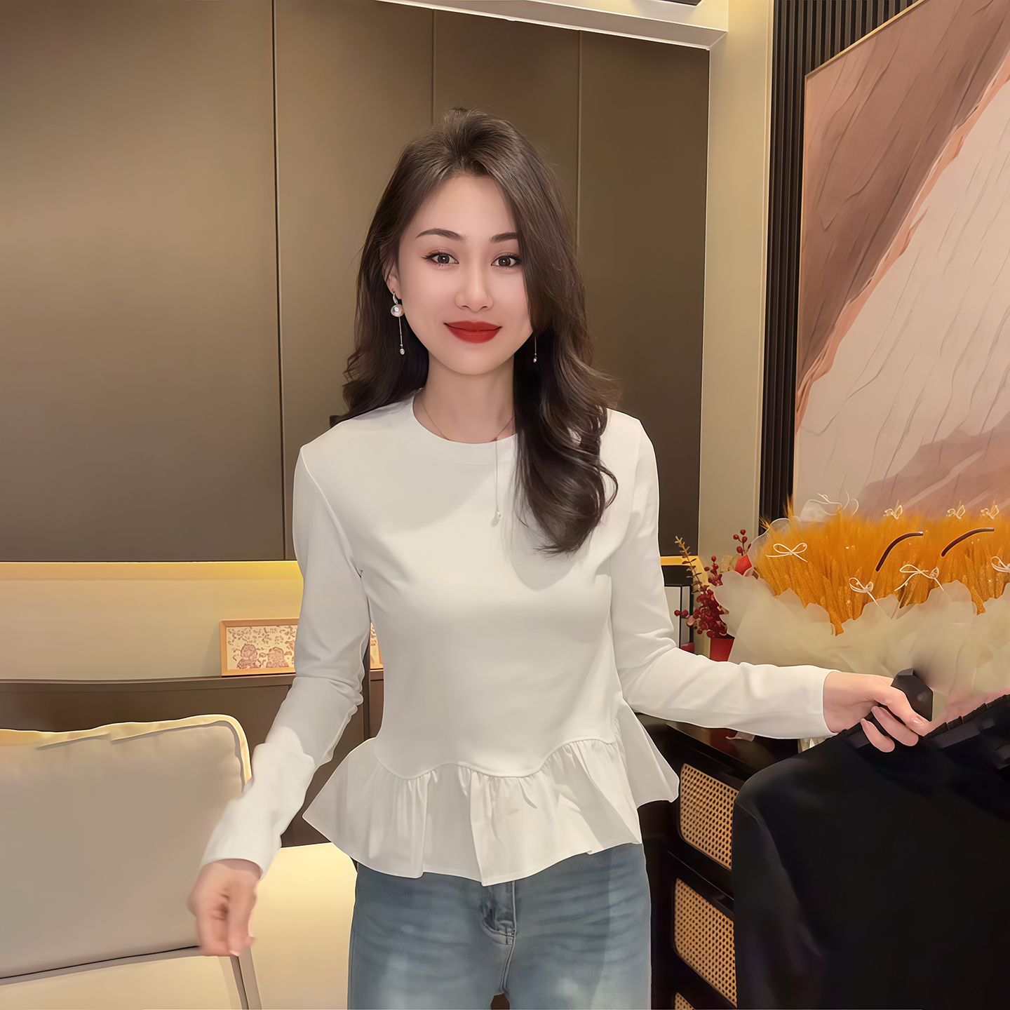 韩国荷叶边下摆修身打底衫女冬季新款百搭纯色长袖T恤内搭上衣潮