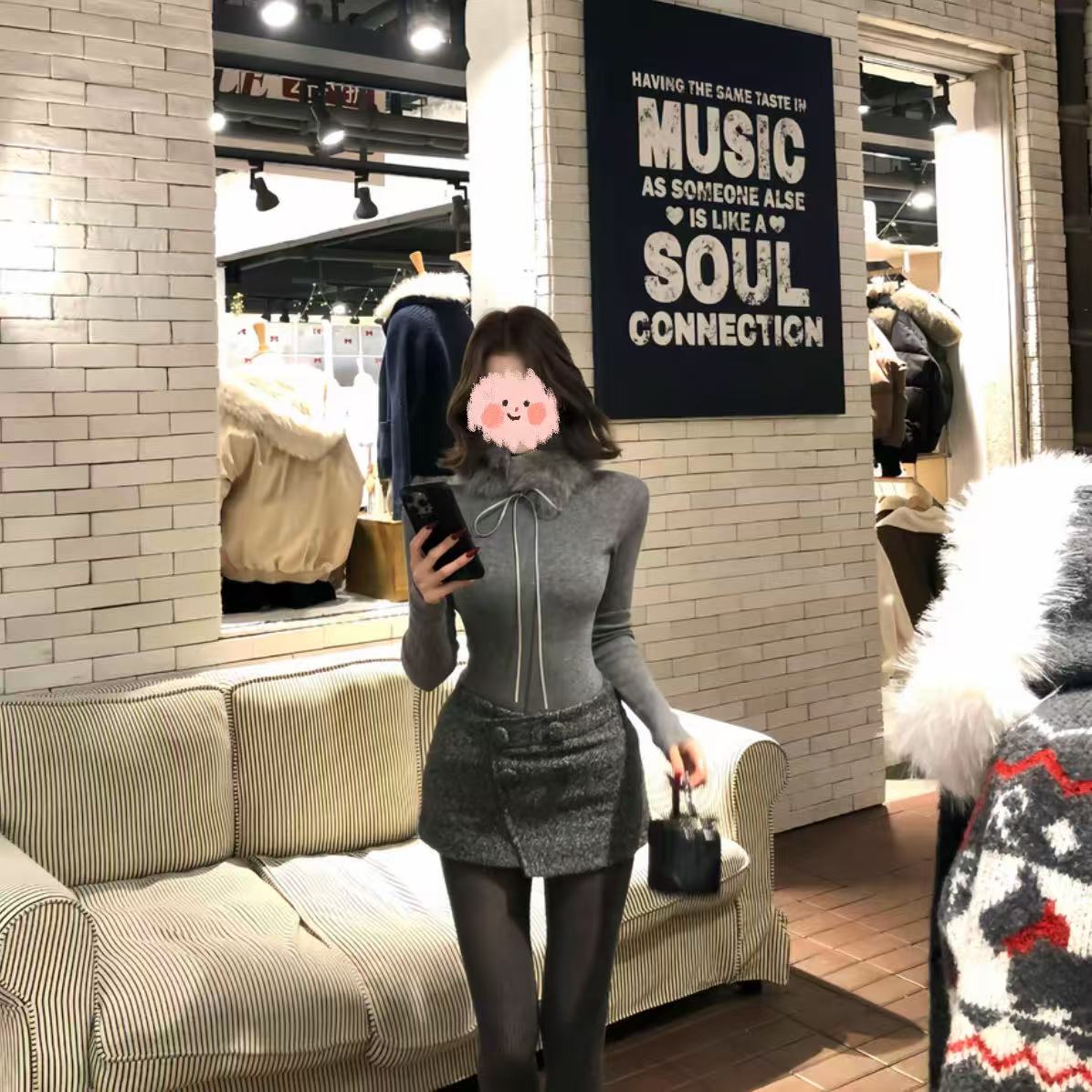 气质辣妹高领修身长袖打底衫针织上衣时尚高腰A字半身裙套装