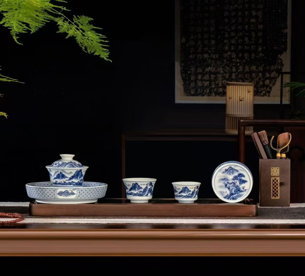 景德镇尊宇窑陶瓷青花山水万里江山马蹄盖碗茶碗 5件套组组合送礼
